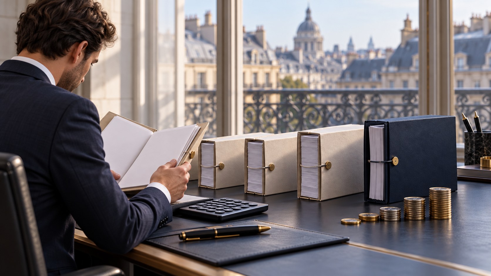 Analyste consultant des dossiers d’échéances obligataires sur un bureau parisien, avec calculatrice et piles de pièces évoquant le refinancement de la dette française