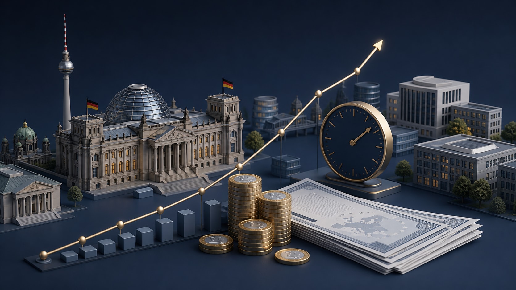 Redaktionelle Illustration zur deutschen Staatsverschuldung mit Berliner Regierungsgebäuden, Schuldenuhr, Euro-Münzen und ansteigender Datenlinie
