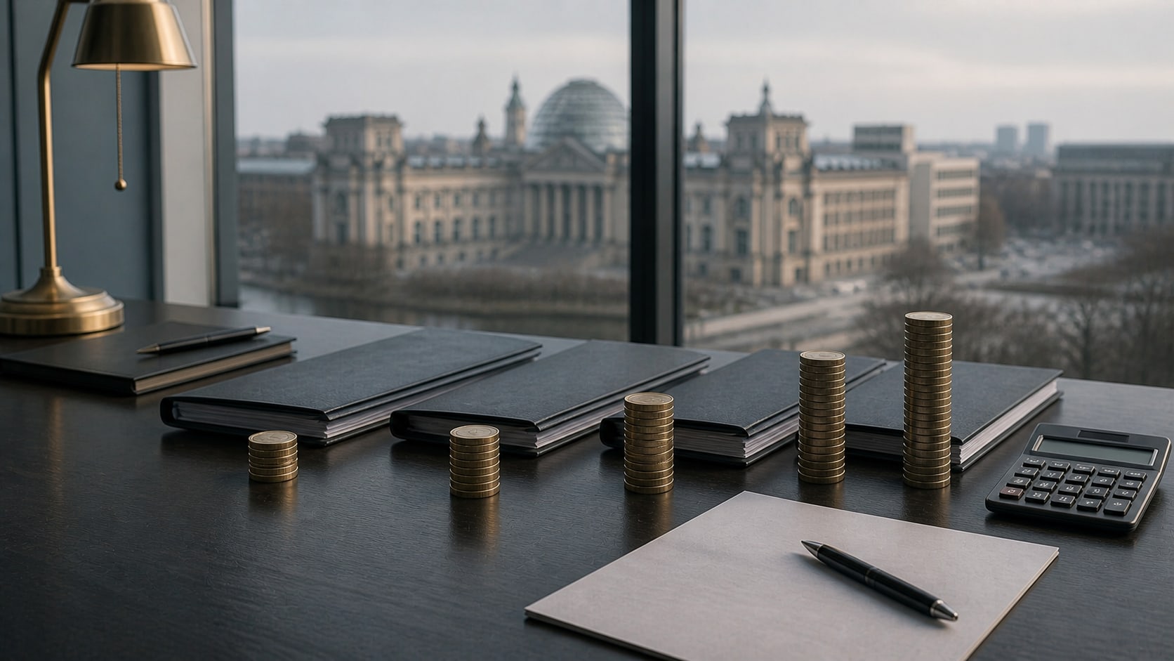 Schrittweise höhere Stapel von Euromünzen und Finanzierungsunterlagen auf einem Schreibtisch mit dem Berliner Regierungsviertel im Hintergrund