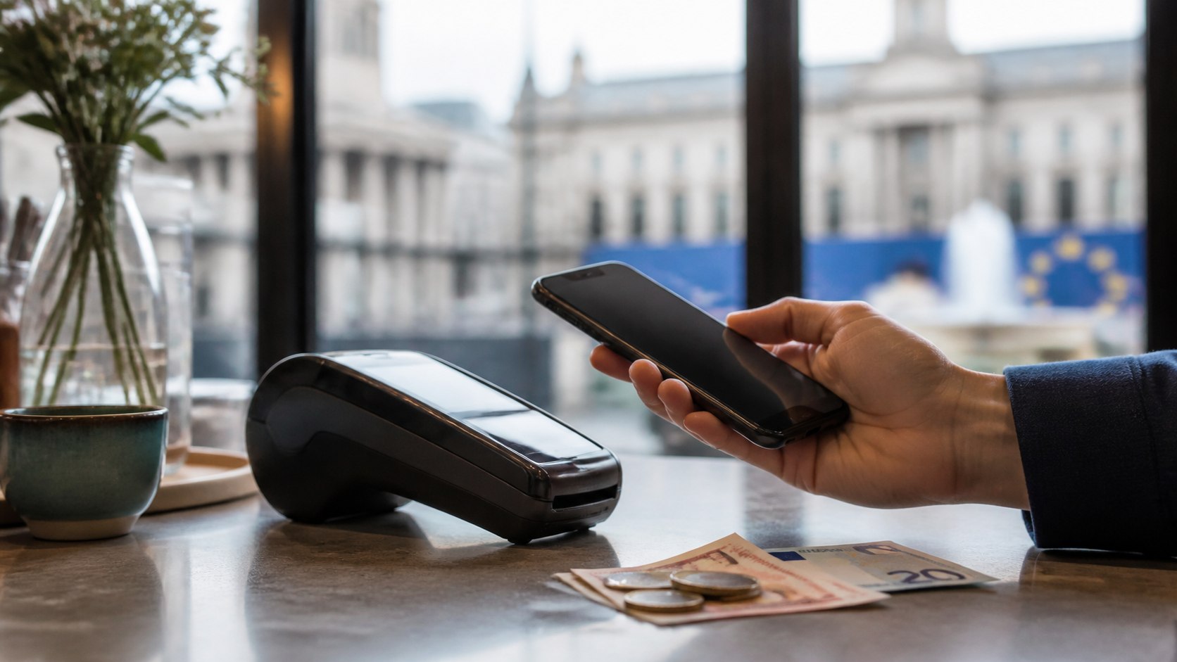 Contactless card terminal, smartphone and euro cash illustrating how a future digital euro could complement existing payment methods