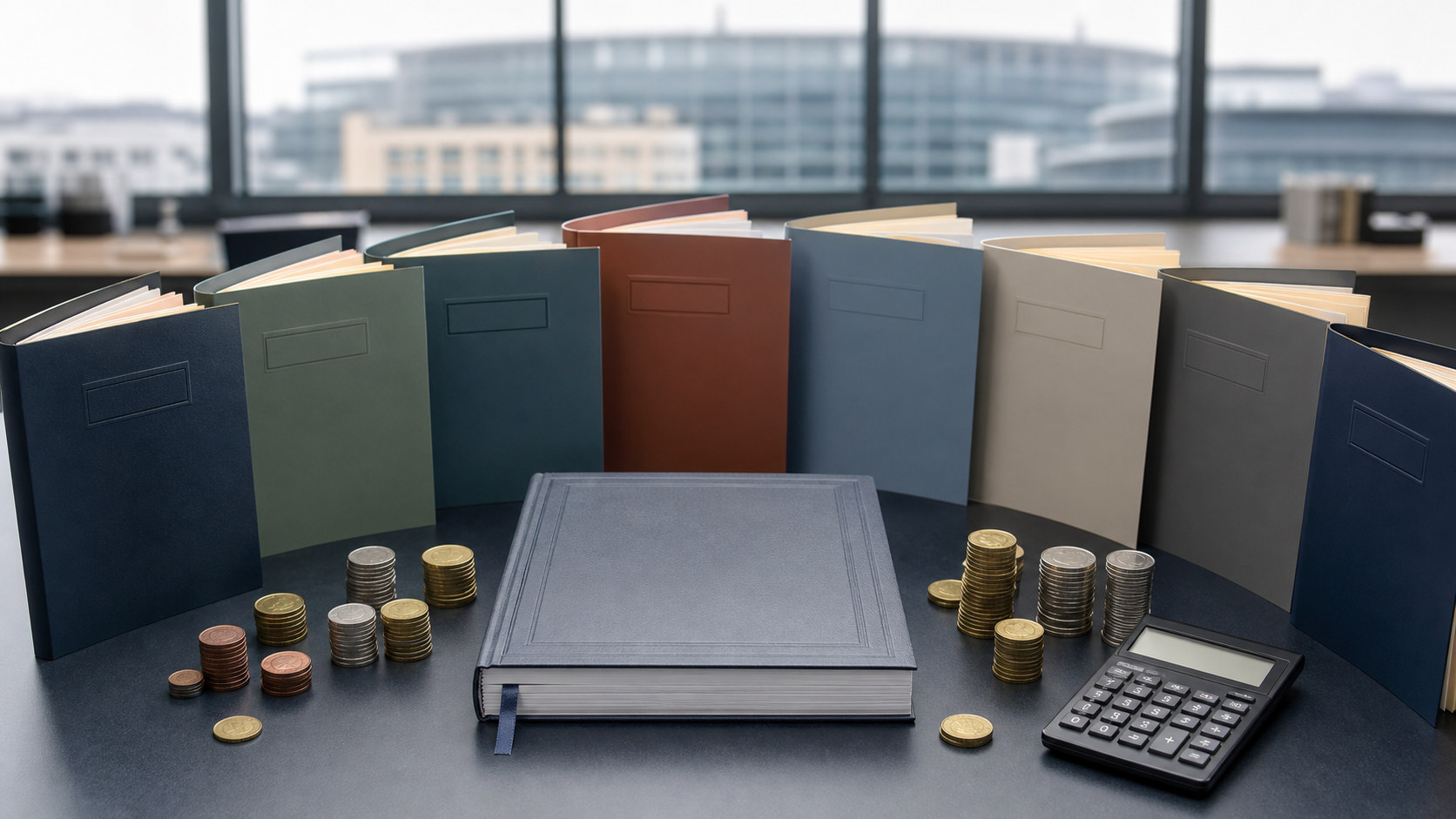 EU country debt folders arranged around a central ledger with differing coin stacks