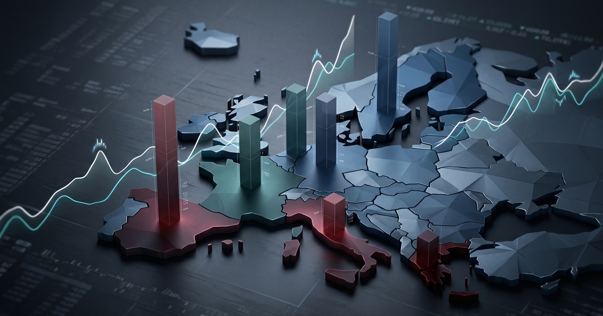 Gestileerde kaart van de Europese Unie met financiële grafieken die de druk van staatsschuld per EU-land tonen