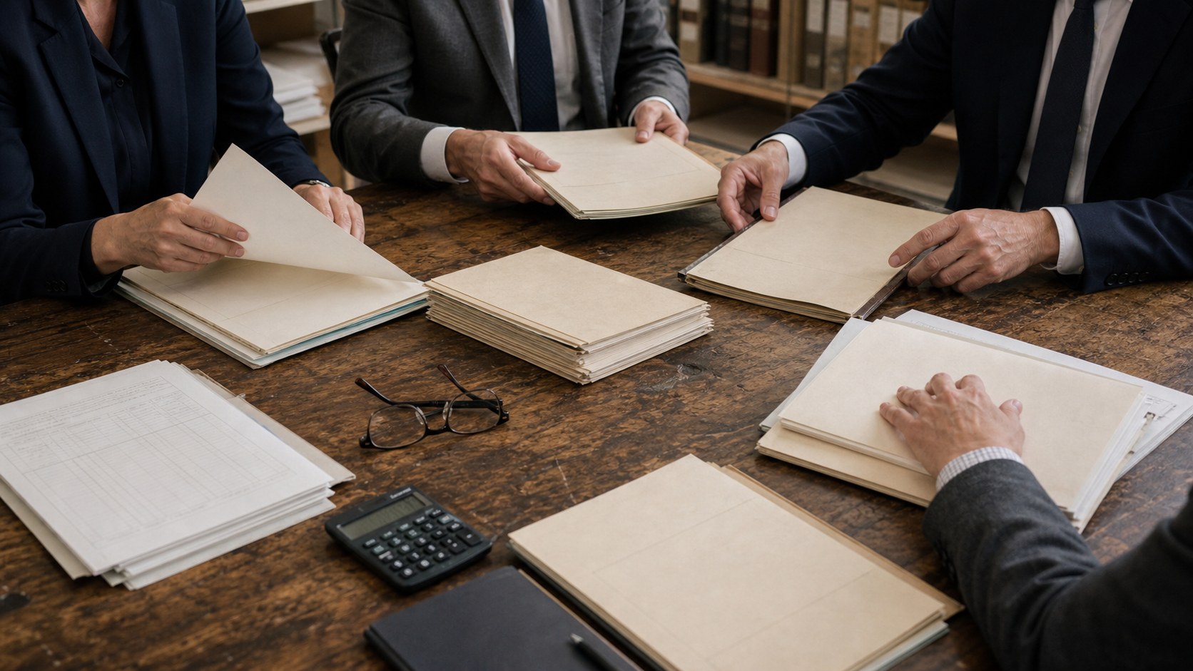Finance professionals comparing government-bond custody files around a table
