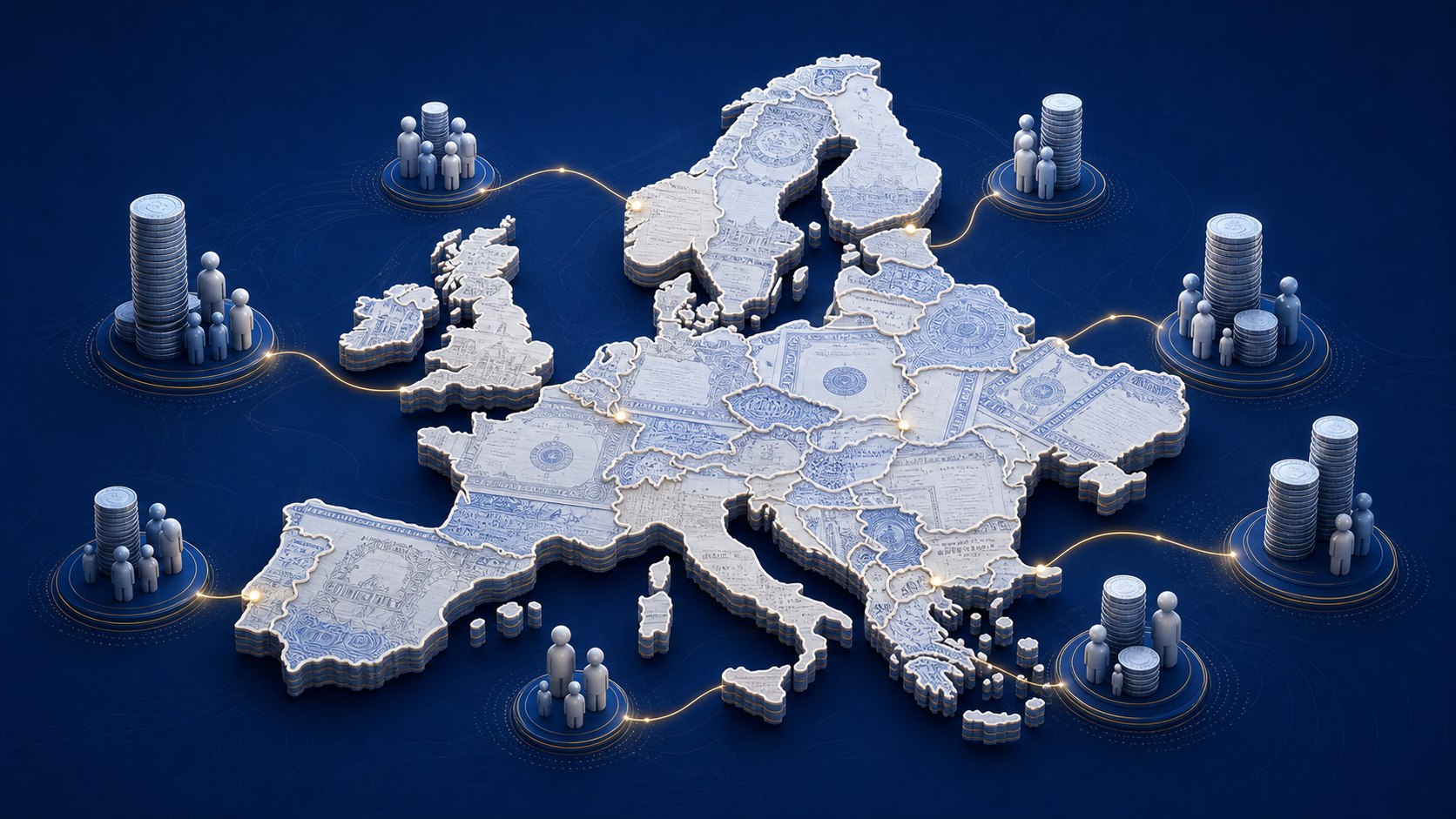 Carte isométrique de l’Europe entourée d’habitants et de piles de pièces représentant la dette publique par habitant