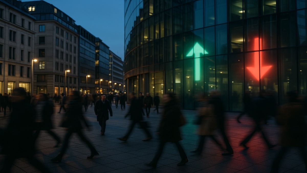 A busy European city at dusk, pedestrians walking past glass buildings reflecting red and green arrows — symbolizing rising and falling EU debt in Q2 2025.