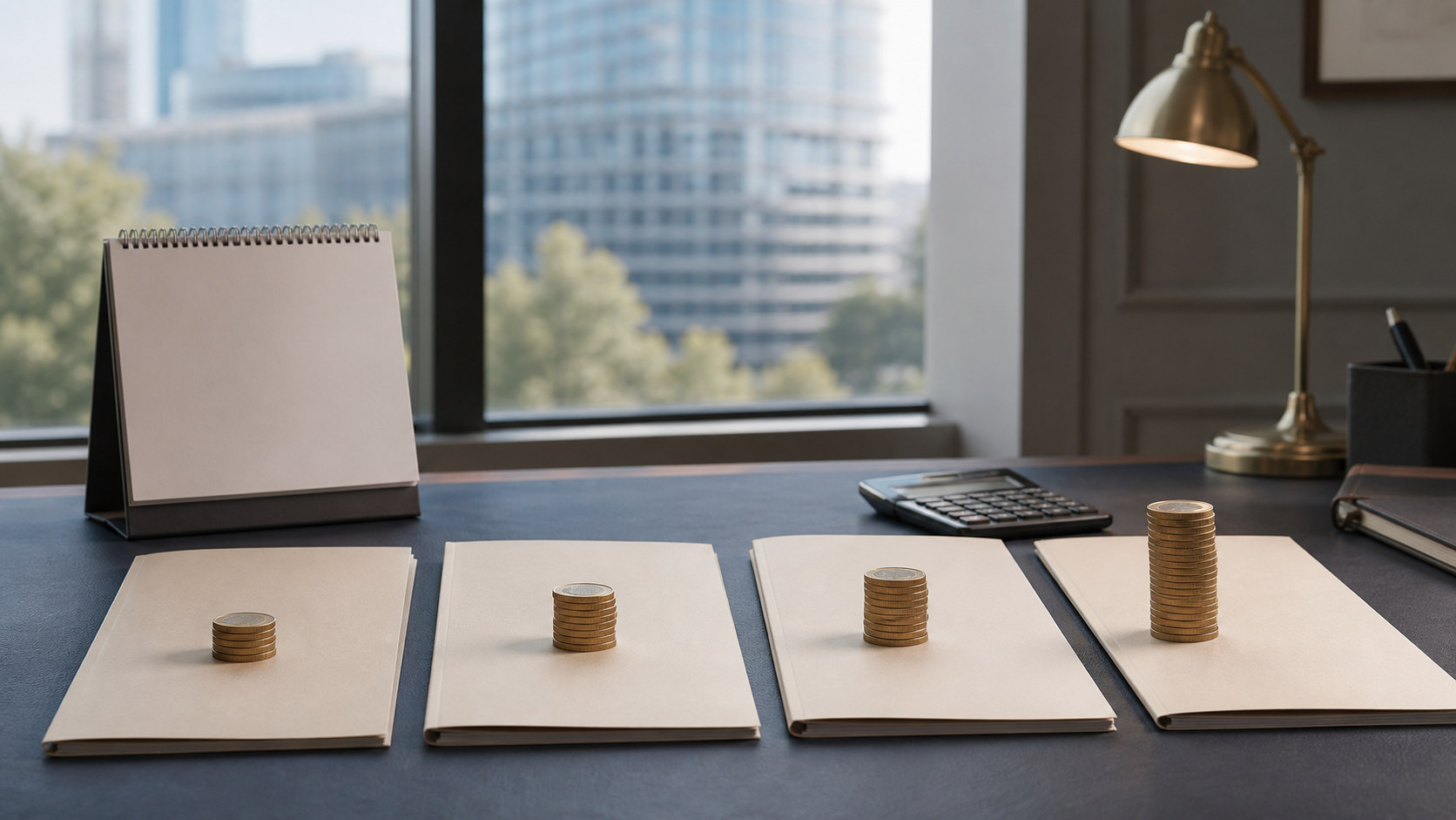 Four quarterly folders with changing coin stacks illustrating the direction of EU government debt