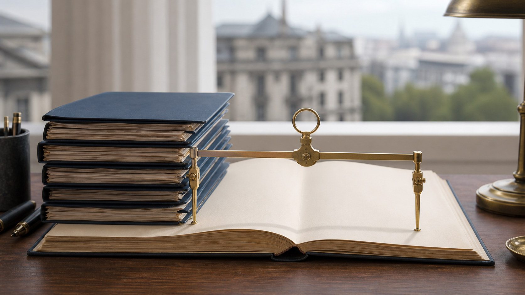 A growing stack of debt folders measured against a broader national-output ledger