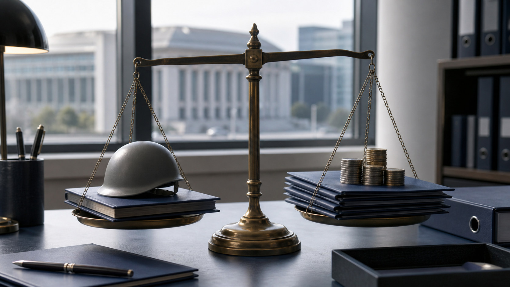 A brass balance weighing defence procurement folders against government debt folders and coins