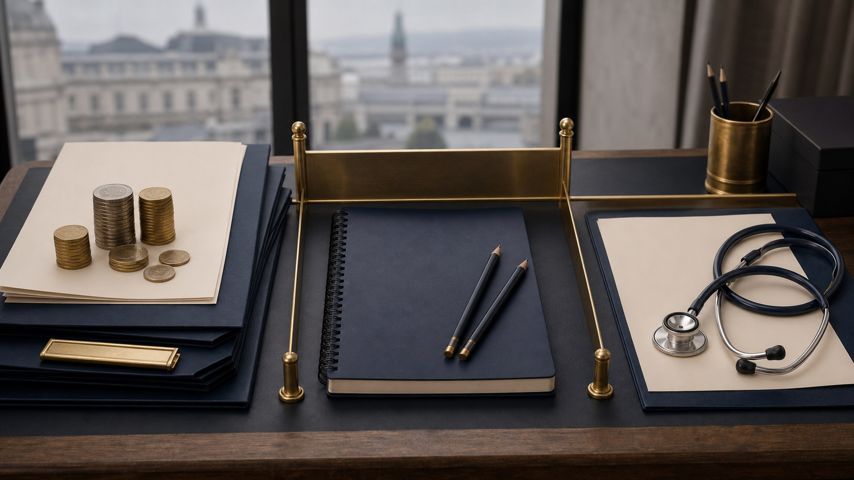 A public-budget desk divided between debt interest, education and healthcare