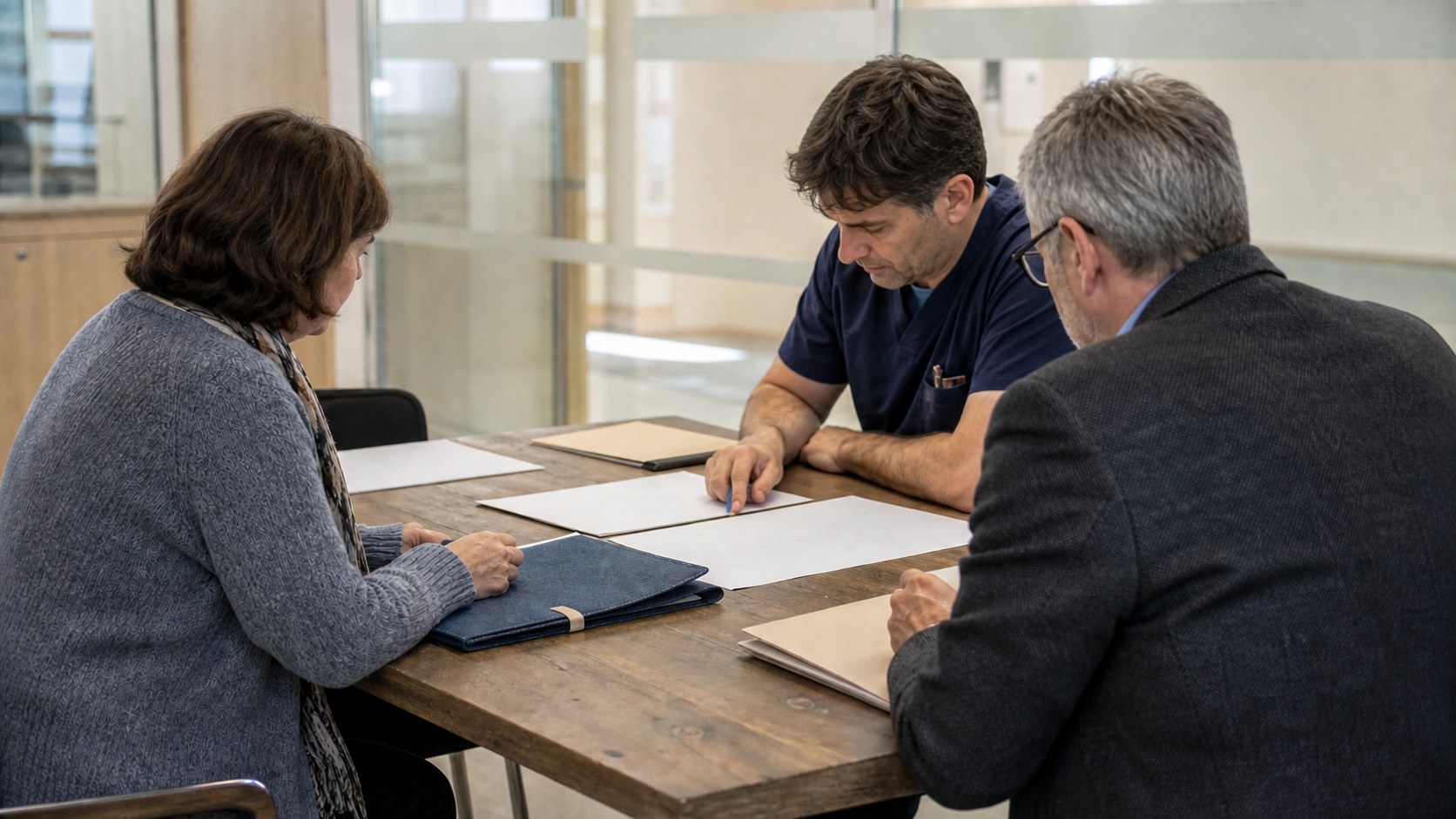 A clinician, school administrator and finance analyst reviewing public-budget documents