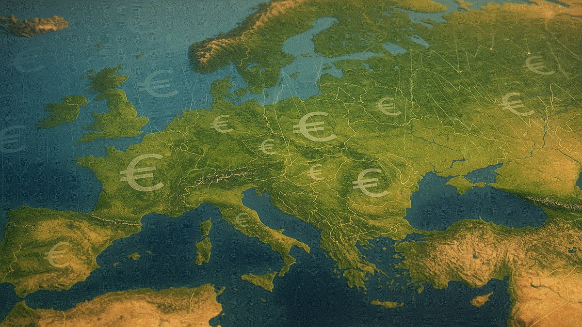 A group of European citizens walking through a city with euro symbols and data overlays, symbolizing shared financial burden across Europe.