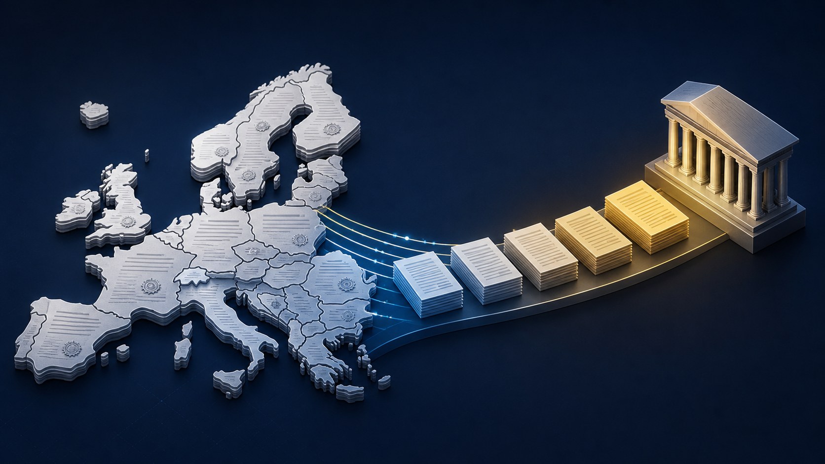 Isometric map of Europe made from sovereign bond documents flowing through a sequence of refinancing maturities