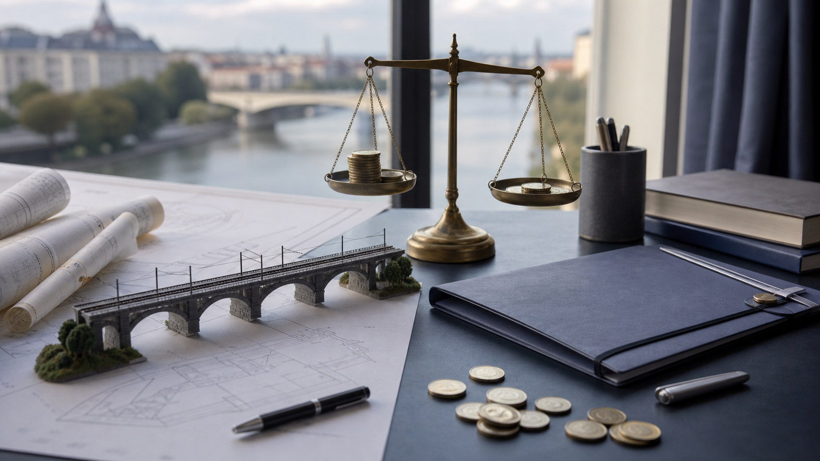 Infrastructure plans, a bridge model, government bond folder and balance illustrating the investment-debt trade-off