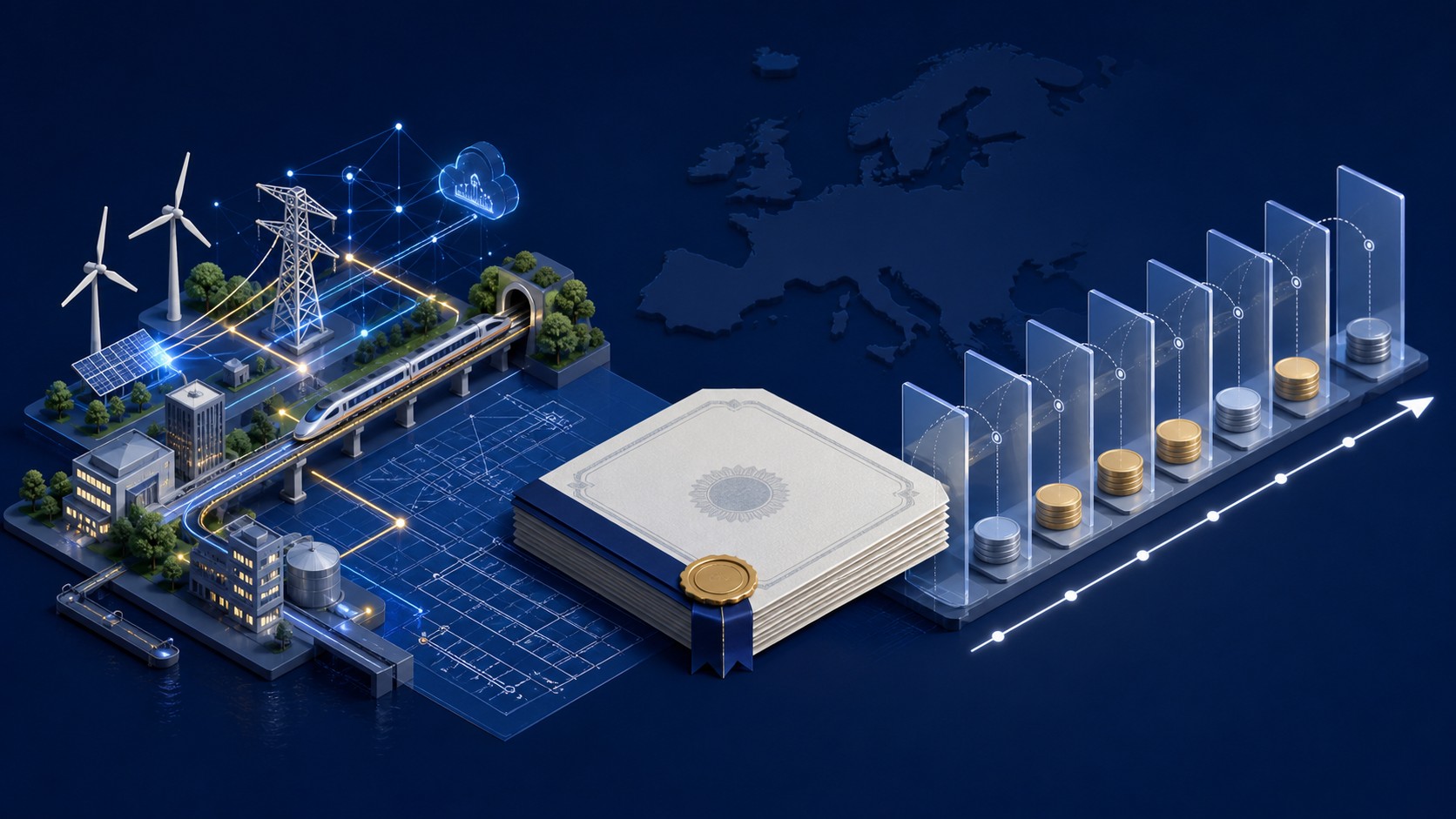 European rail, energy and digital infrastructure balanced against a long-term public debt repayment path