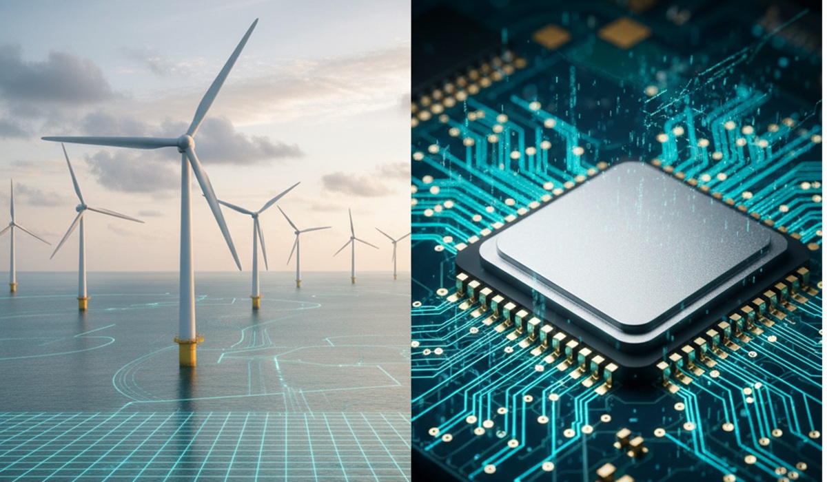 A split image showing a wind turbine on one side and a semiconductor chip on the other, symbolizing Europe's 'twin transitions'.