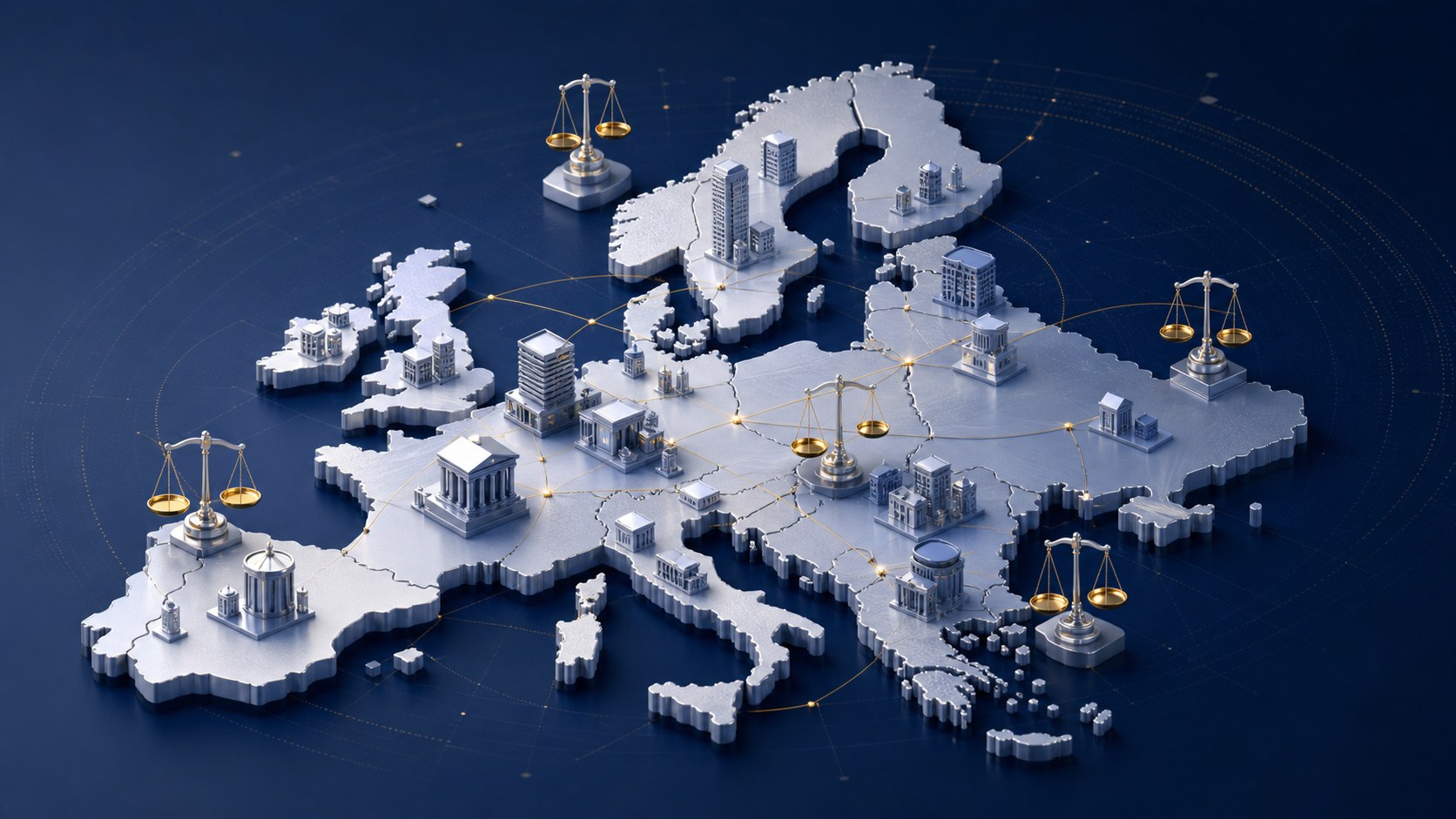 Carte isométrique de l’Europe avec des institutions financières, des balances et des liens entre pays