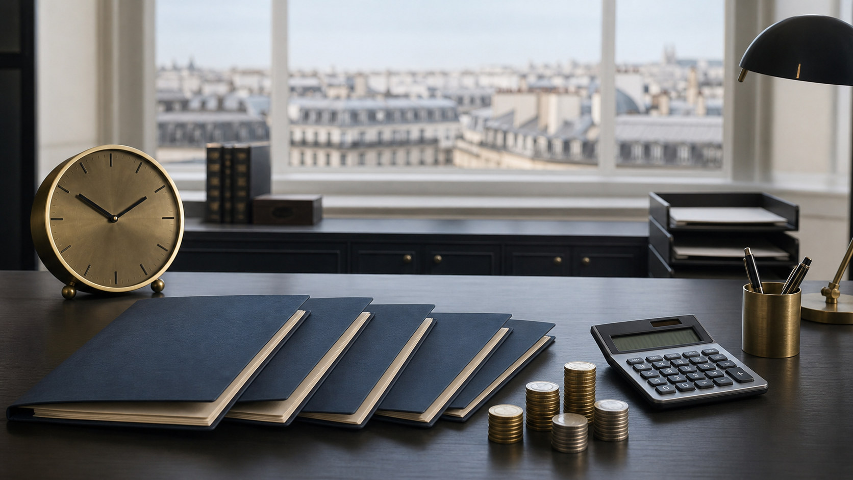 Bureau financier parisien avec dossiers trimestriels, horloge, calculatrice et piles de pièces évoquant la dette publique française