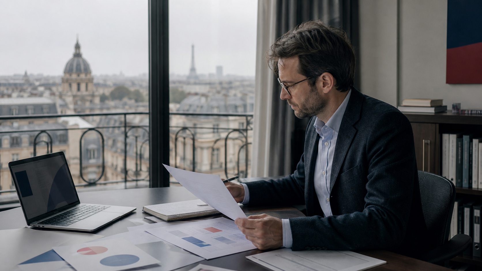 Analyste observant une visualisation sobre de la dette française avec Paris en arrière-plan