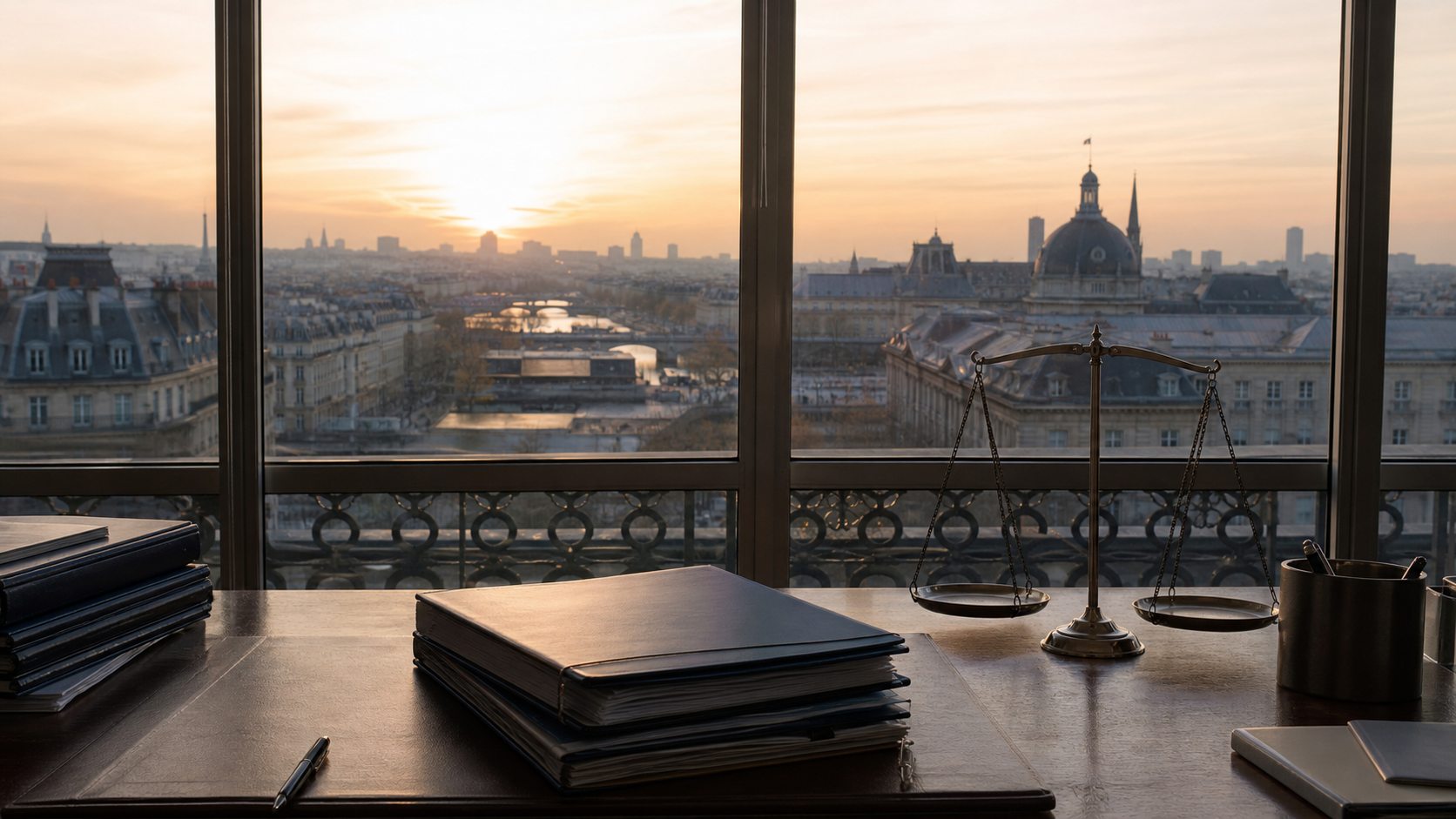 Editorial view of Paris with public finance documents and a restrained financial curve