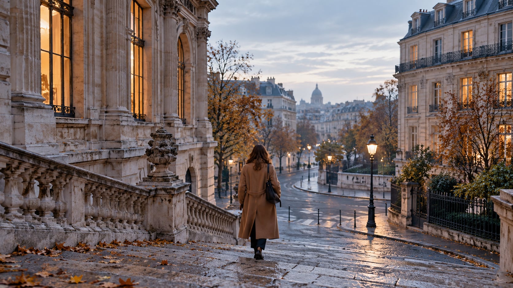 Une personne en manteau descend un escalier de pierre dans une rue parisienne