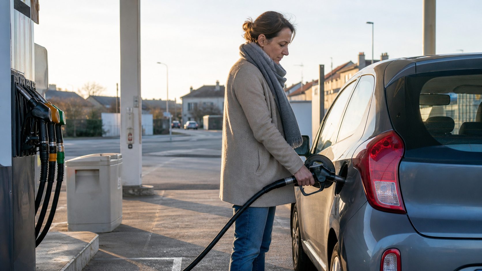 Automobiliste français à une station-service moderne dans une scène éditoriale sans marque