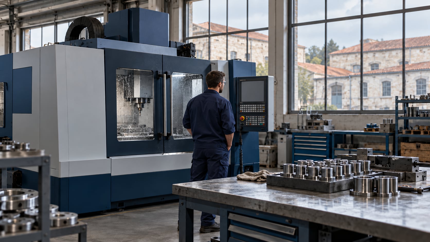 Une personne en tenue de travail bleue, vue de dos, se tient près du pupitre d’une machine-outil dans un atelier industriel fictif éclairé par de grandes fenêtres