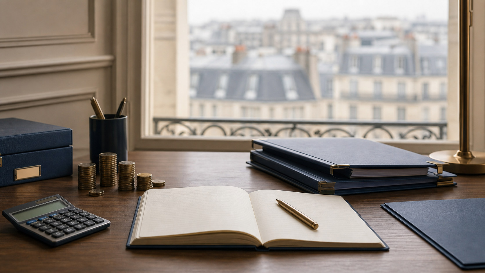 Paris public-finance desk with a quarterly ledger, debt folders, calculator and coin stacks