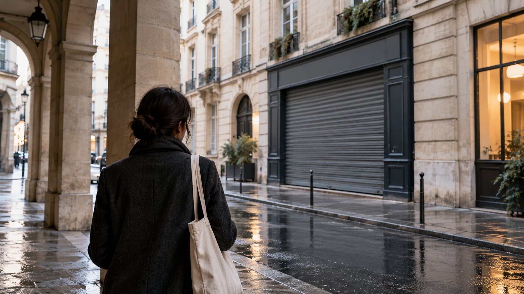 An anonymous passer-by carrying a canvas bag beneath a stone arcade, facing an undamaged closed shop shutter