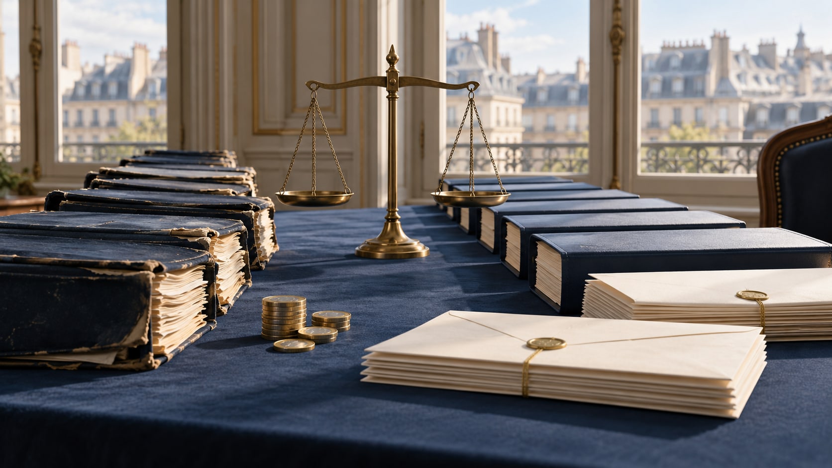 Alte und neu vorbereitete Anleiheakten umgeben eine Waage in einem Pariser Büro und veranschaulichen Frankreichs Rekordrefinanzierung