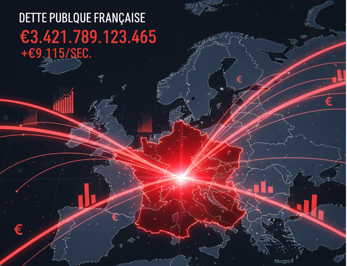 Visualisation de la dette publique française, marquée en rouge vif sur la carte de l'Europe.