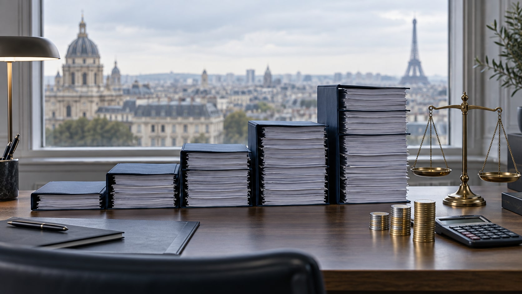 Rising stacks of French budget files beside scales and a calculator in a Paris office