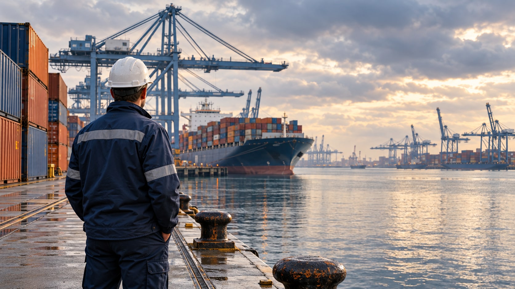 Een havenmedewerker van achteren gezien op een kade, met containers, een vrachtschip en havenkranen op de achtergrond