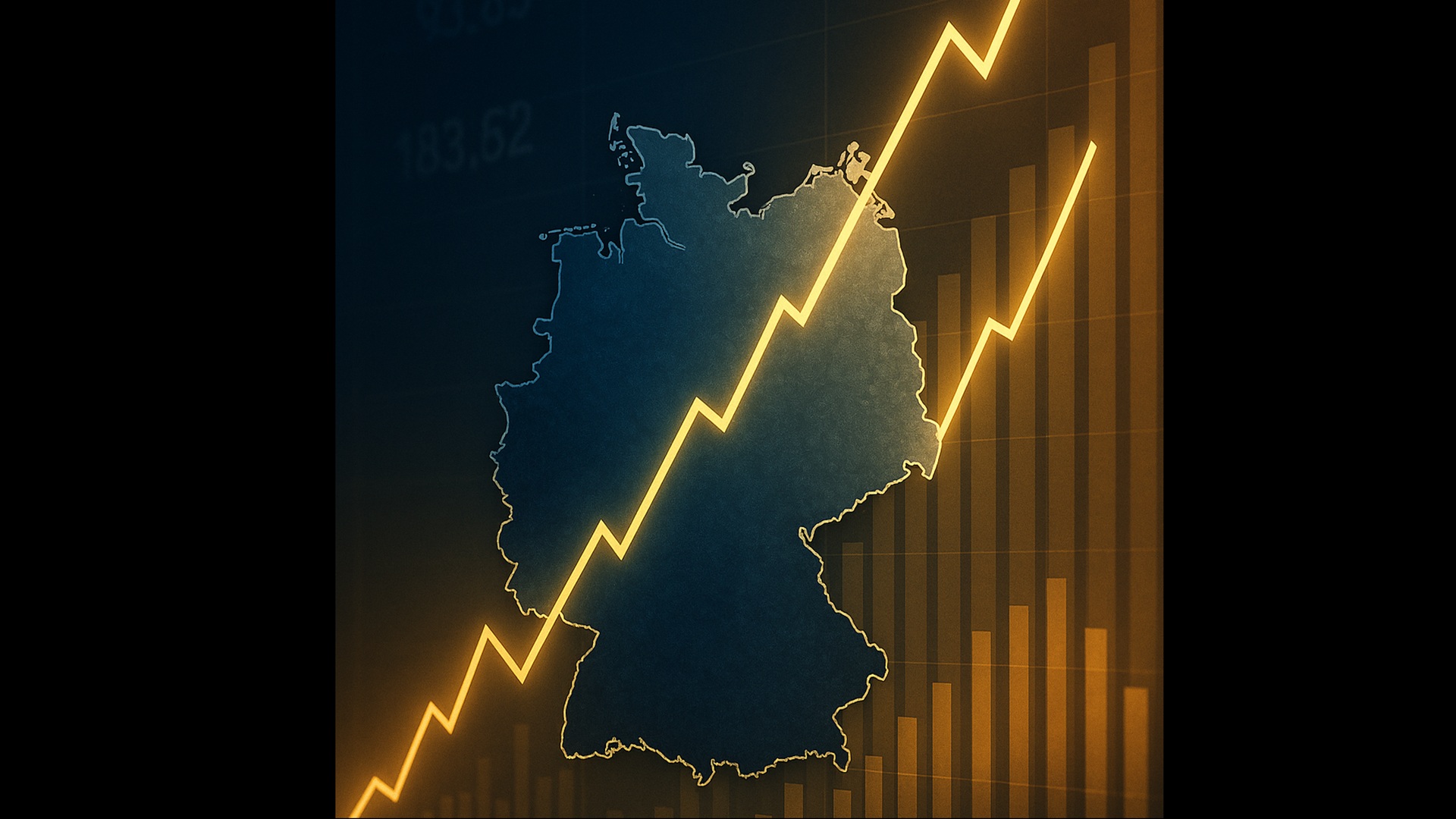 Deutschlandkarte mit steigenden Finanzdaten, die die Staatsverschuldung 2025 darstellen
