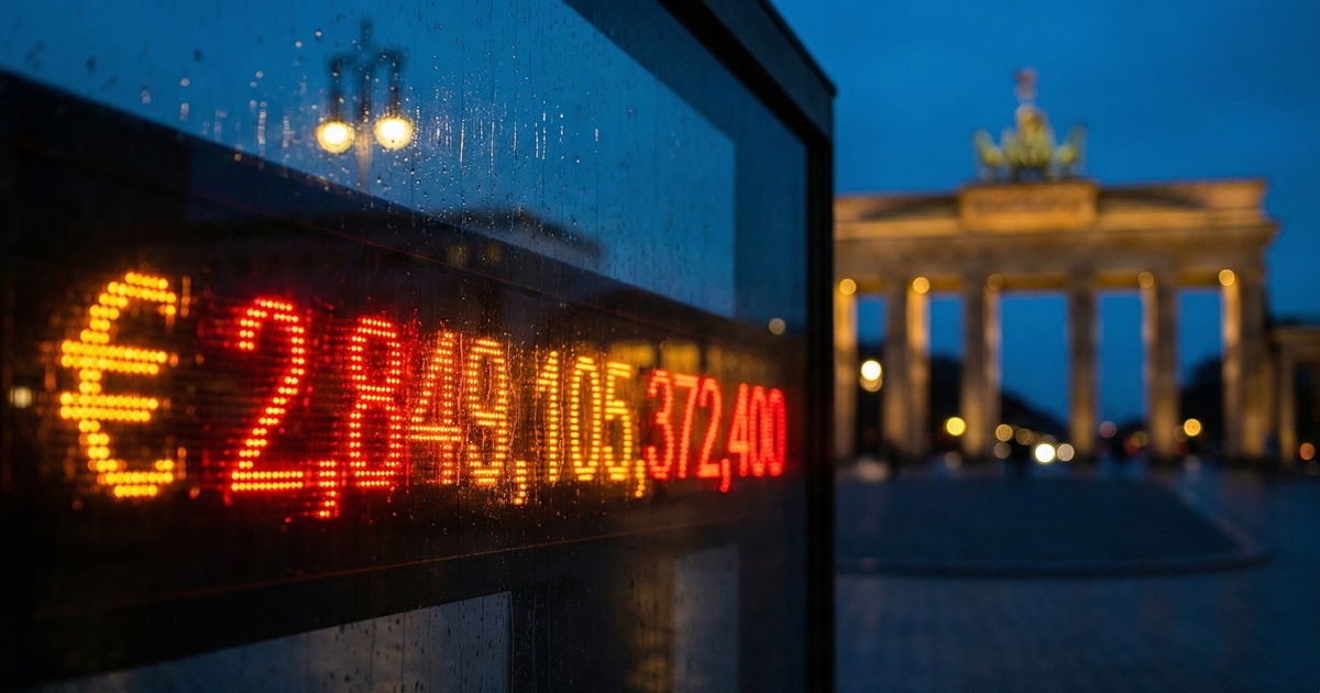 Grafiek van de Duitse staatsschuld met een klok op de achtergrond