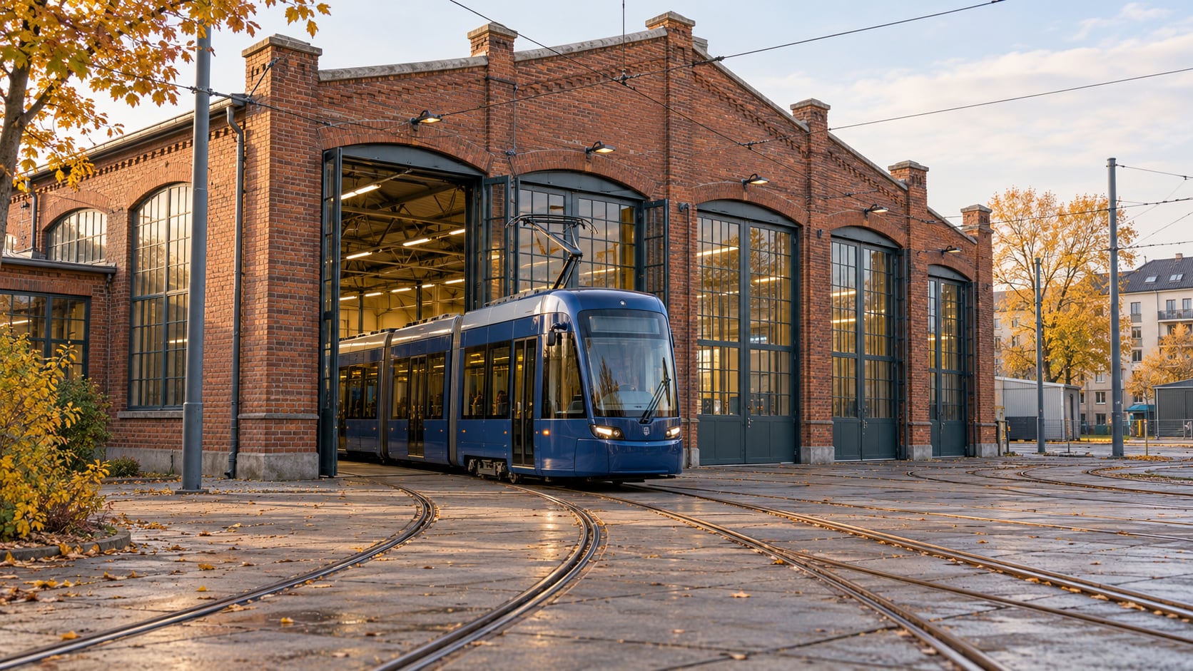 Eine dunkelblaue Straßenbahn vor einer Backsteinhalle in einem fiktiven deutschen Betriebshof bei herbstlichem Tageslicht