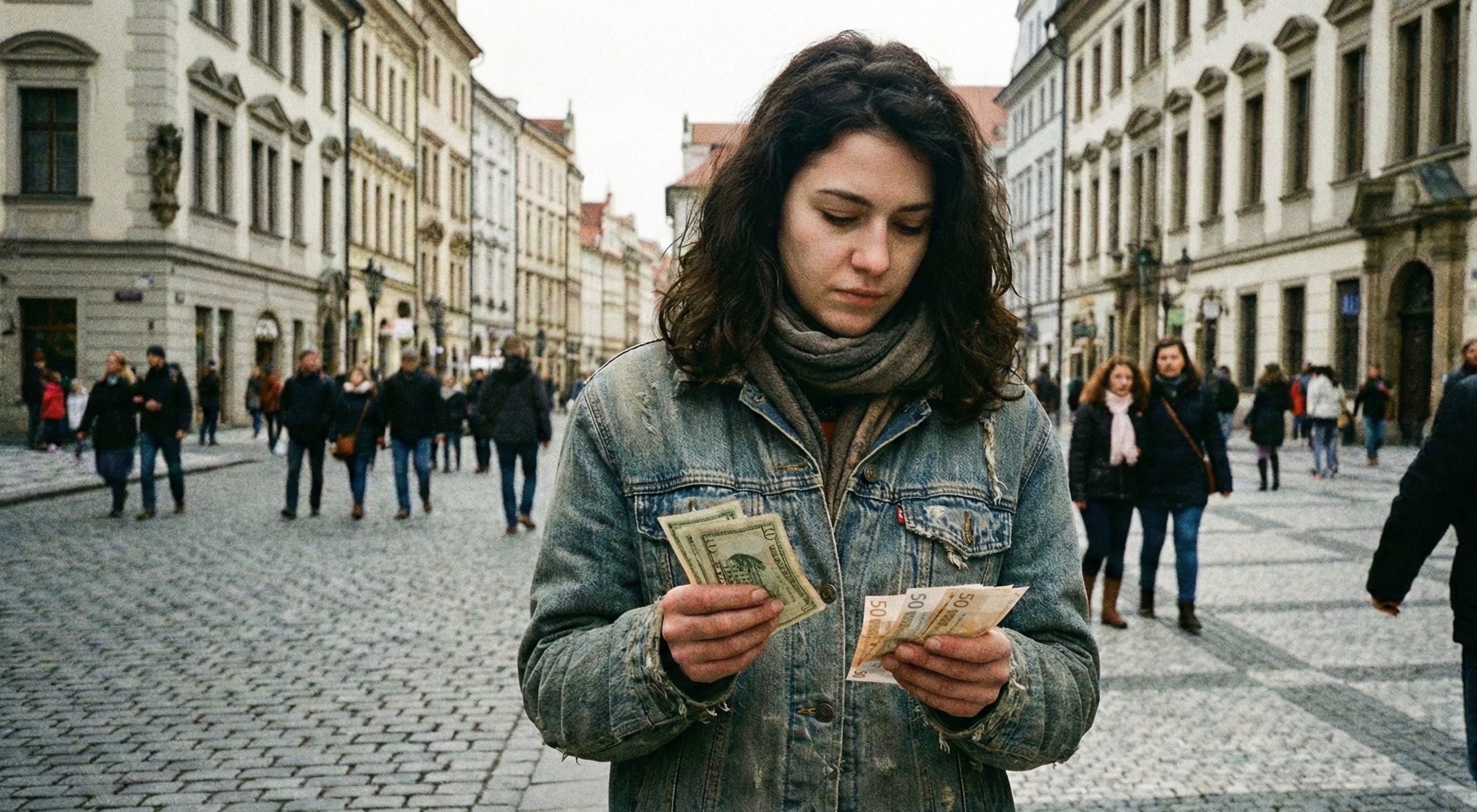 A visualization of a tug-of-war rope made of currency symbols, stretching across a map of Europe.