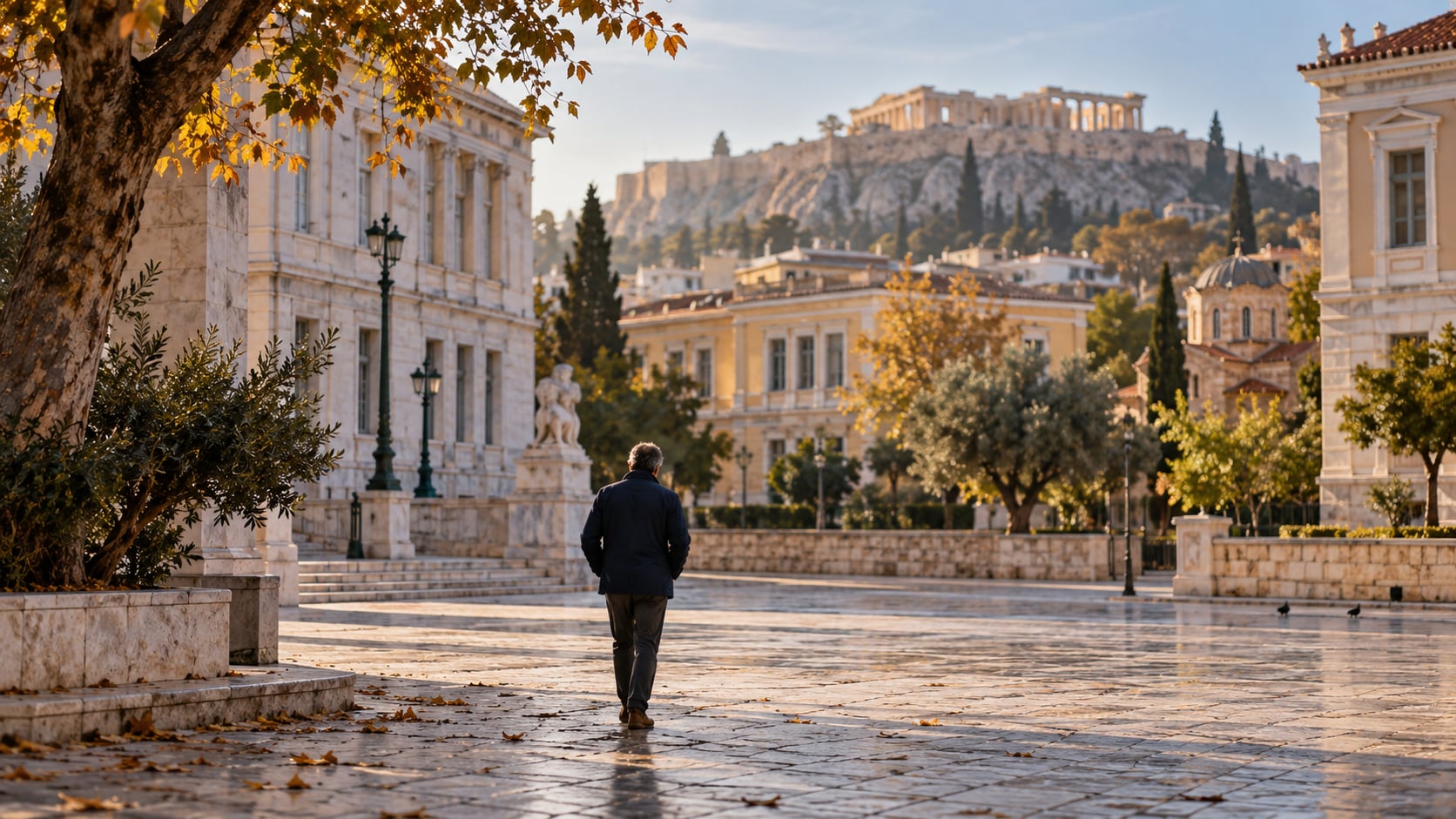 An anonymous pedestrian walks across an Athenian square, with classical buildings and the Acropolis softly visible in the distance