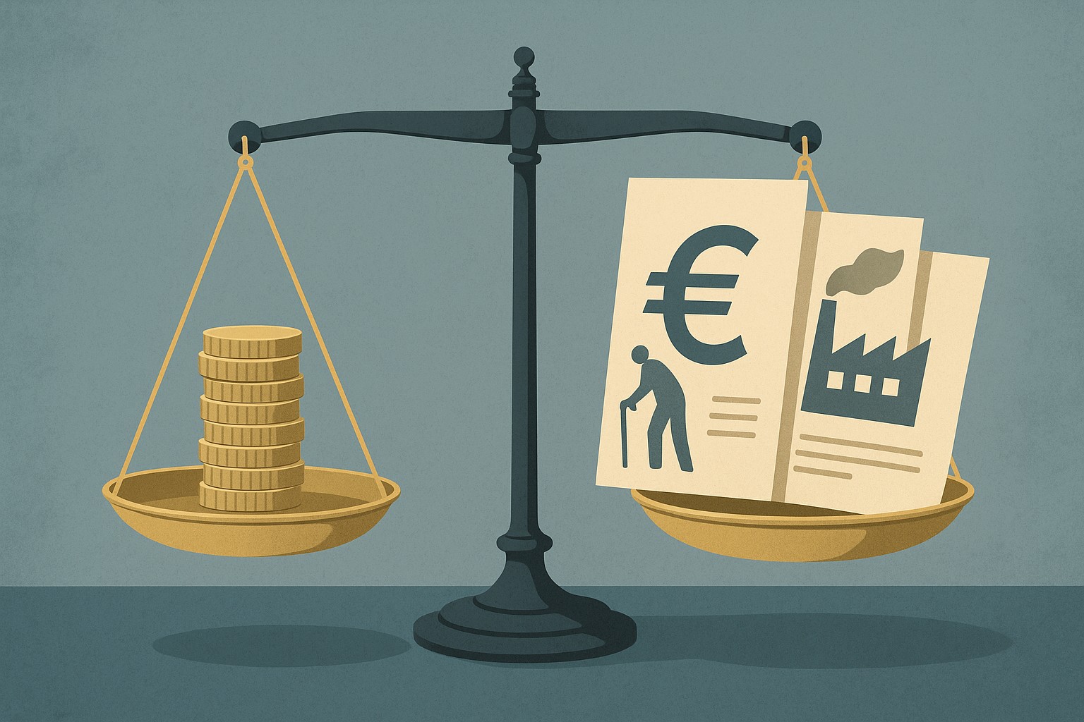 Een balans met aan de ene kant een muntstapel en aan de andere kant zorgsymbolen — visuele metafoor voor stijgende zorgkosten