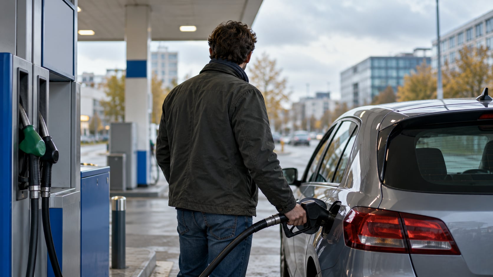 Ein anonymer Autofahrer tankt an einer städtischen Tankstelle in Deutschland