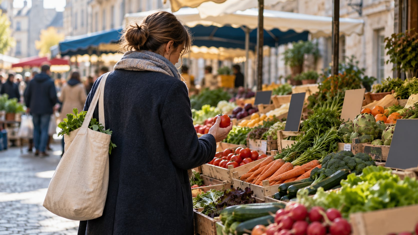 Une cliente anonyme compare des légumes sur un marché français