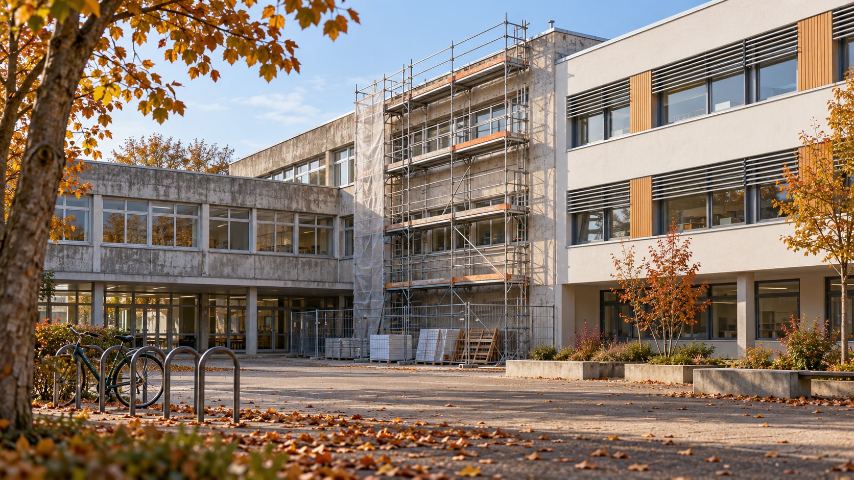Cour d’un établissement scolaire fictif, avec une façade sous échafaudage, une aile rénovée et des arbres aux couleurs d’automne