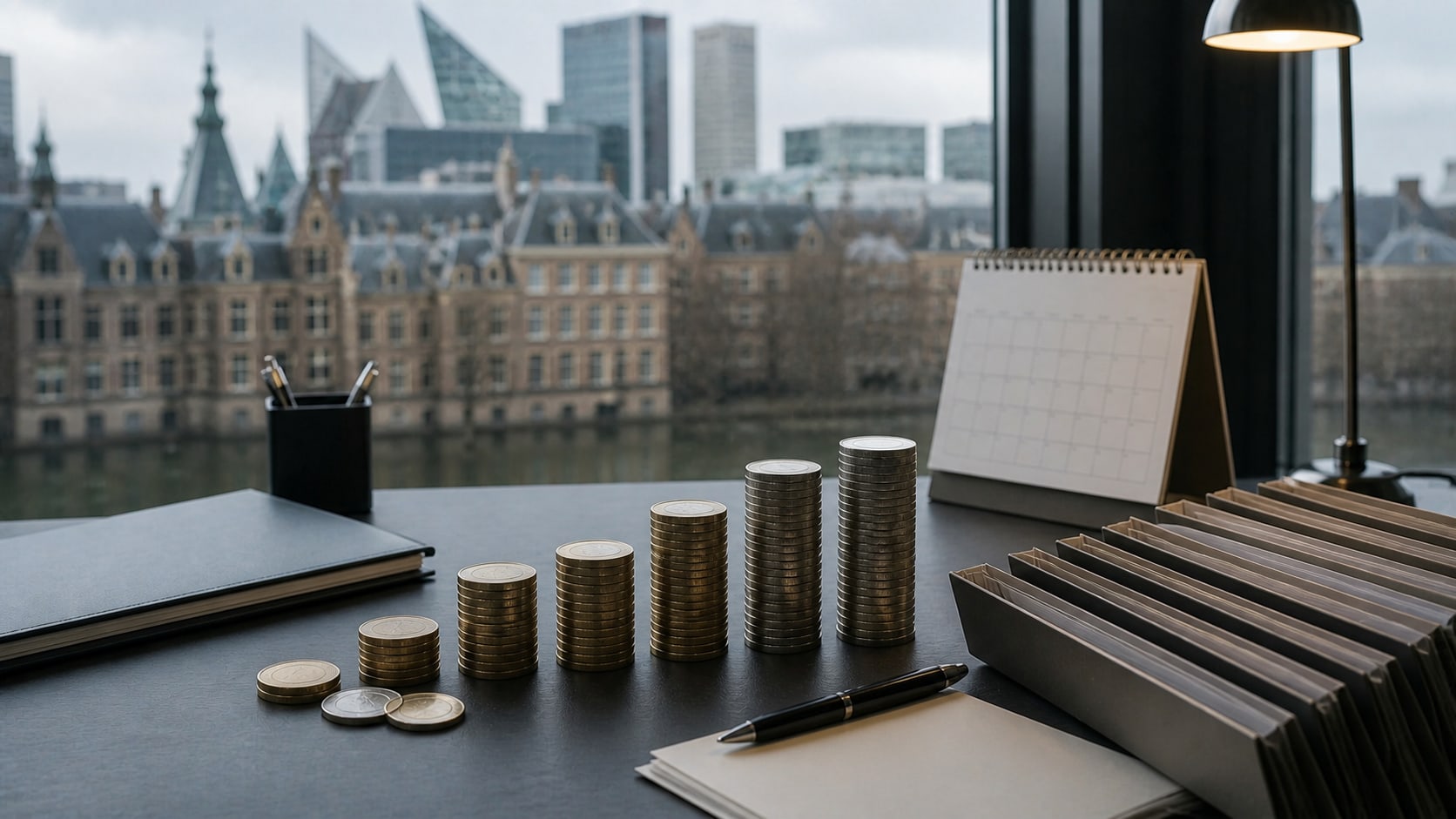 Oplopende stapels euromunten, herfinancieringsmappen en een kalender op een bureau met het Haagse regeringscentrum op de achtergrond