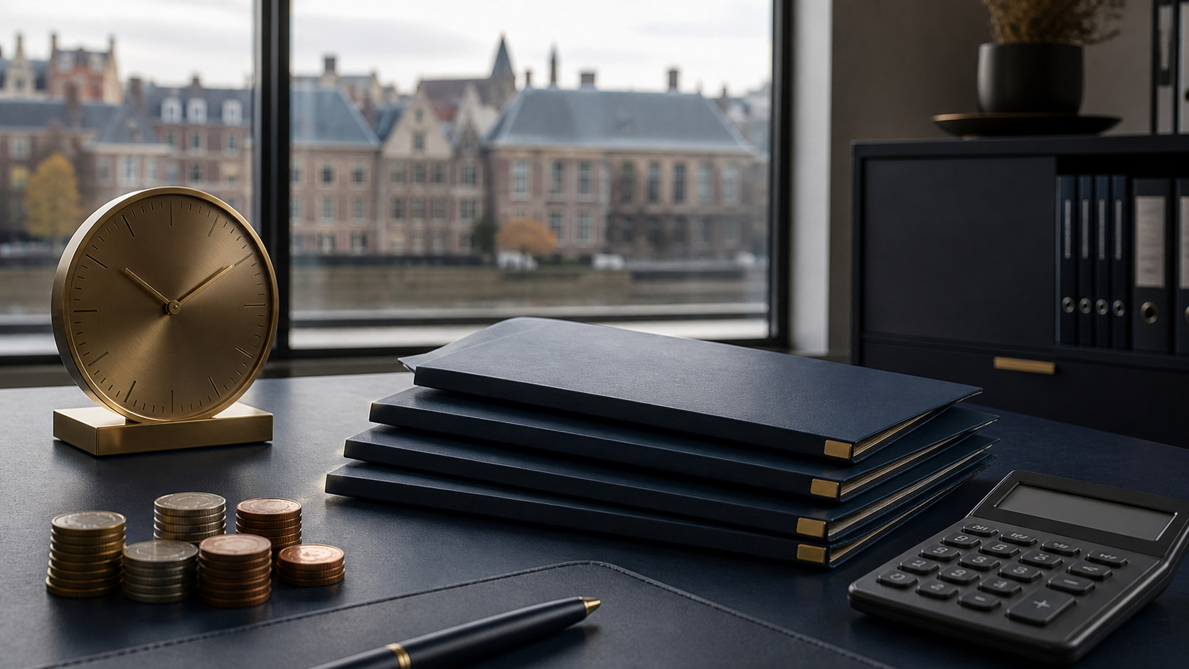 The Hague public-finance desk with quarterly debt folders, a clock, calculator and coin stacks