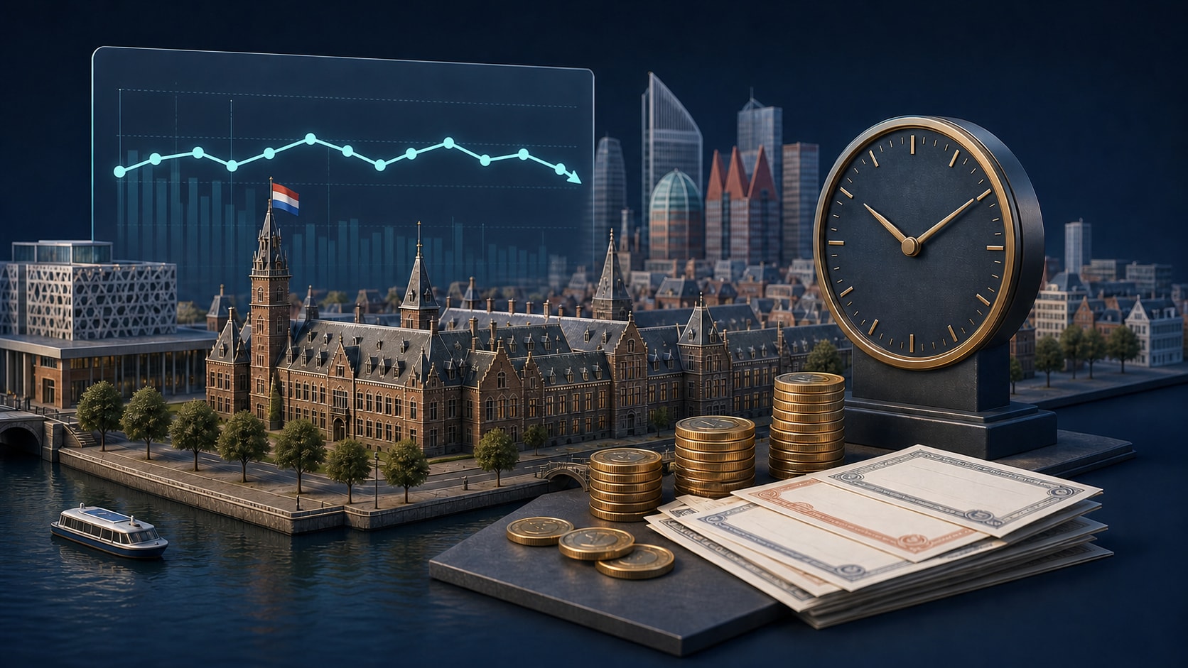 Redactionele illustratie van de Nederlandse staatsschuld met Haagse overheidsgebouwen, een schuldenklok, euromunten en een wisselende datalijn