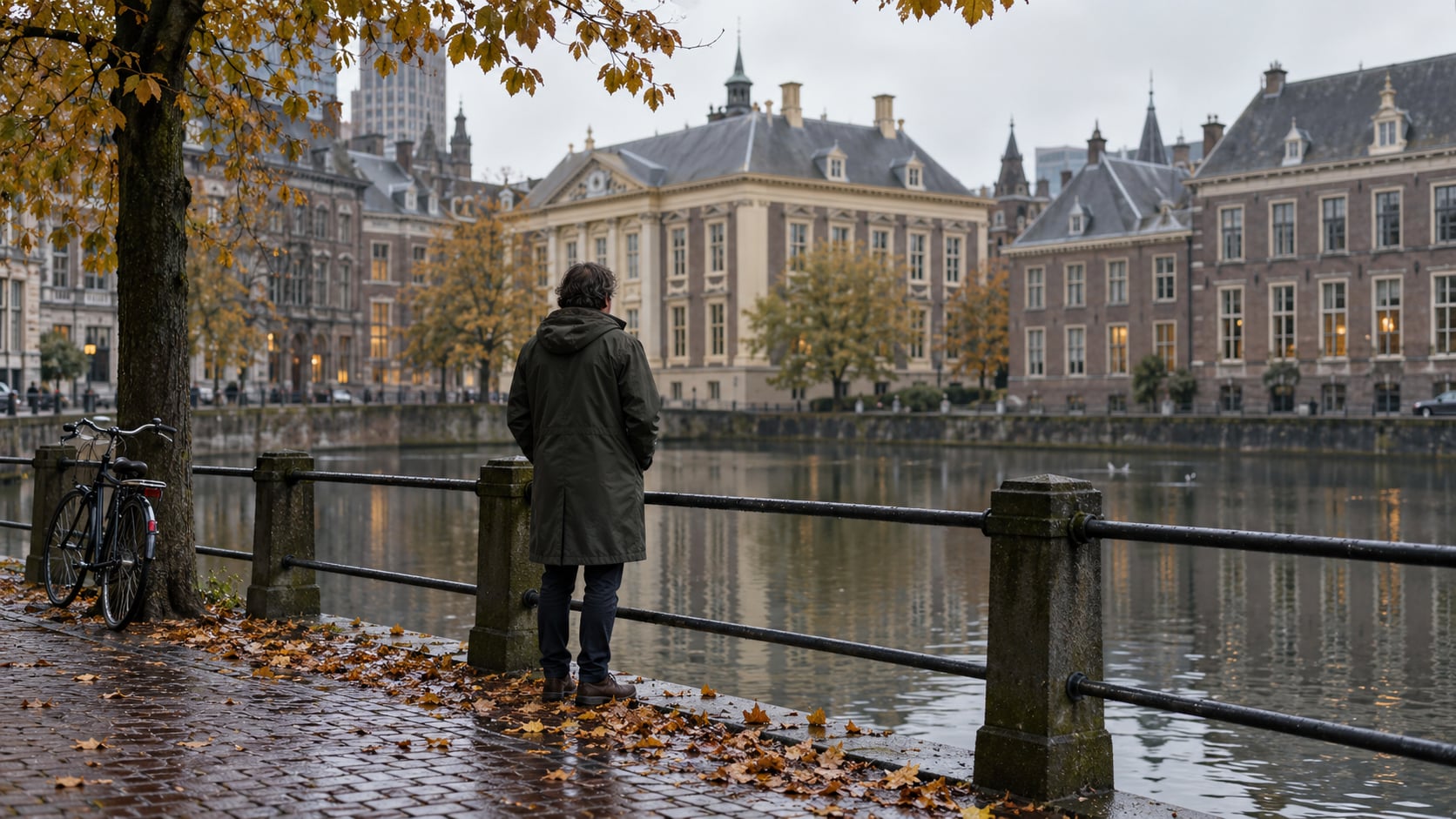 Een persoon in een regenjas bij een stenen balustrade langs een Nederlandse stadsgracht