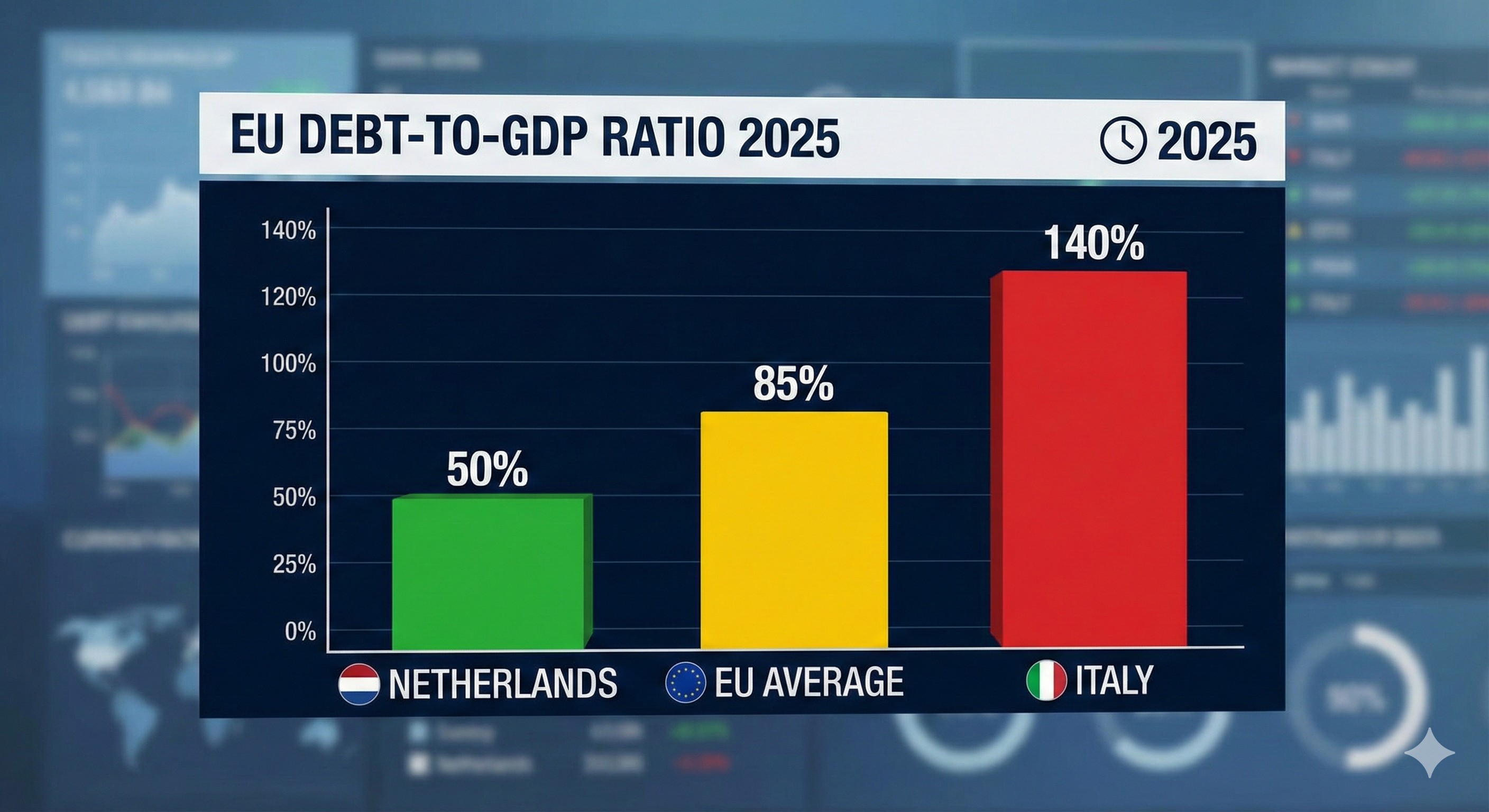 Grafiek die de Nederlandse staatsschuld toont in vergelijking met het EU-gemiddelde