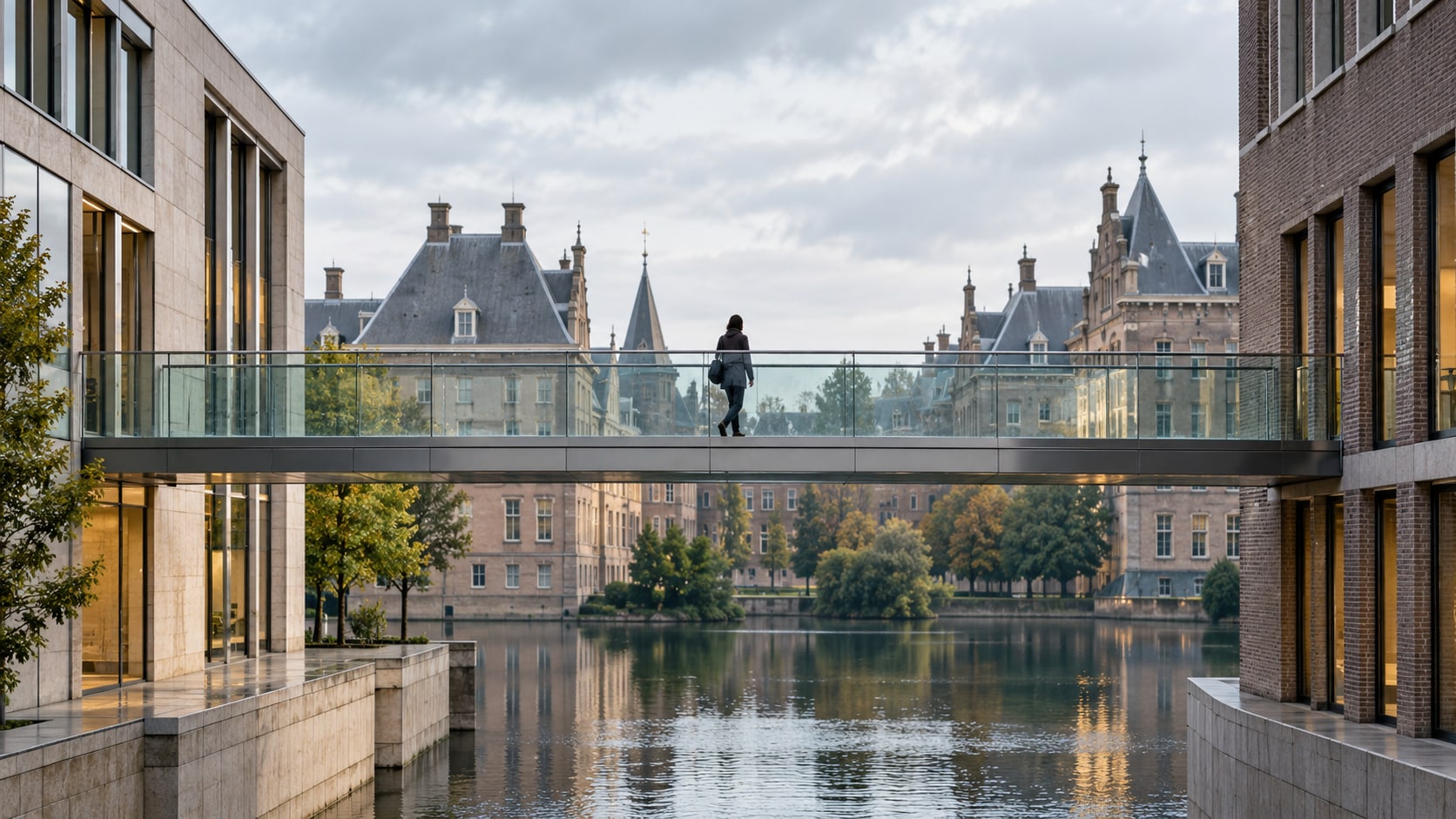 An anonymous pedestrian crosses a glass bridge between buildings in a Dutch-inspired civic quarter