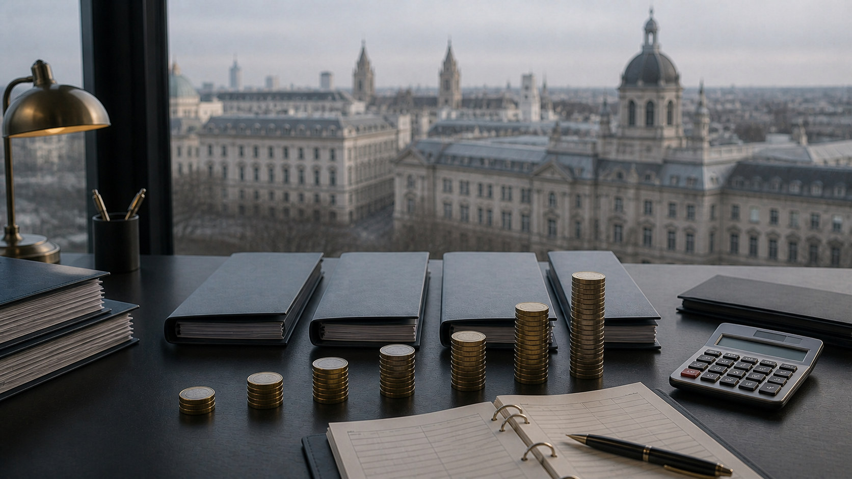 Ansteigende Stapel von Euromünzen, Anleiheunterlagen und ein Taschenrechner auf einem Schreibtisch mit Wien im Hintergrund