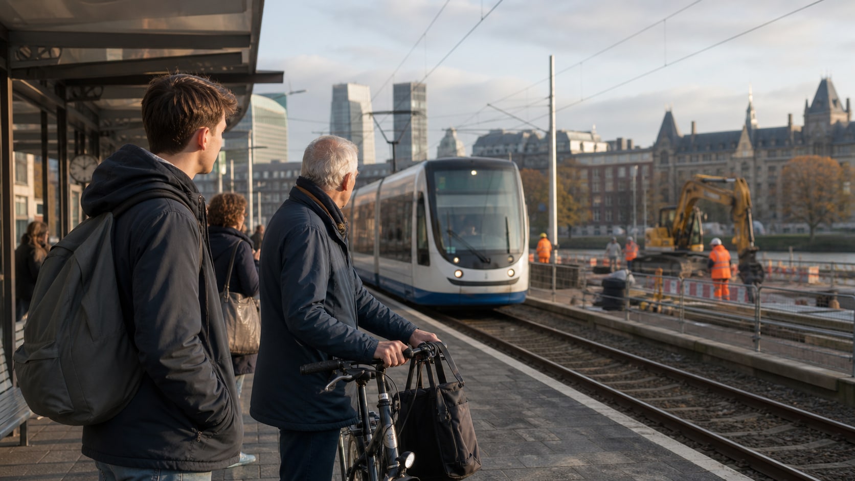 Reiziger en fietser bij een Haags tramperron, met spoorwerkzaamheden en het regeringskwartier op de achtergrond