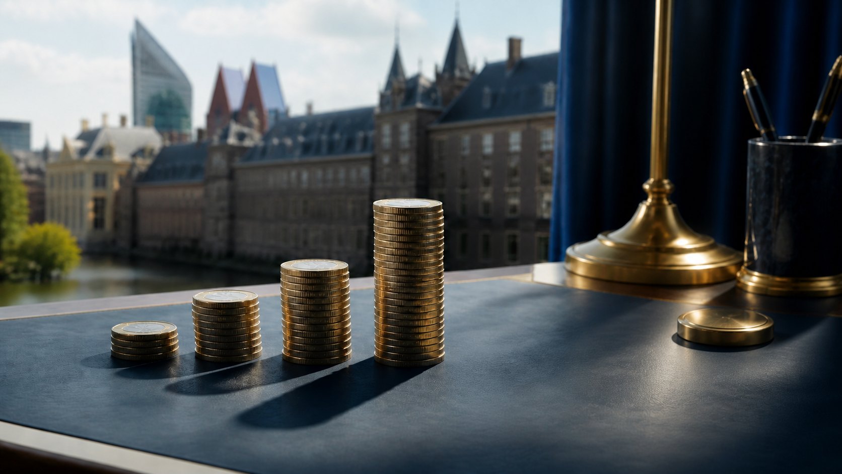 Oplopende stapels euromunten op een bureau met Nederlandse overheidsgebouwen op de achtergrond als beeld voor stijgende rentelasten
